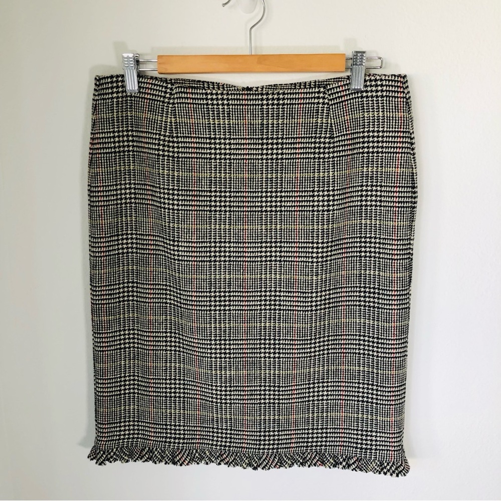 Trina Turk Houndstooth Fringe Skirt Womens 8 Wool Blend Preppy Classic